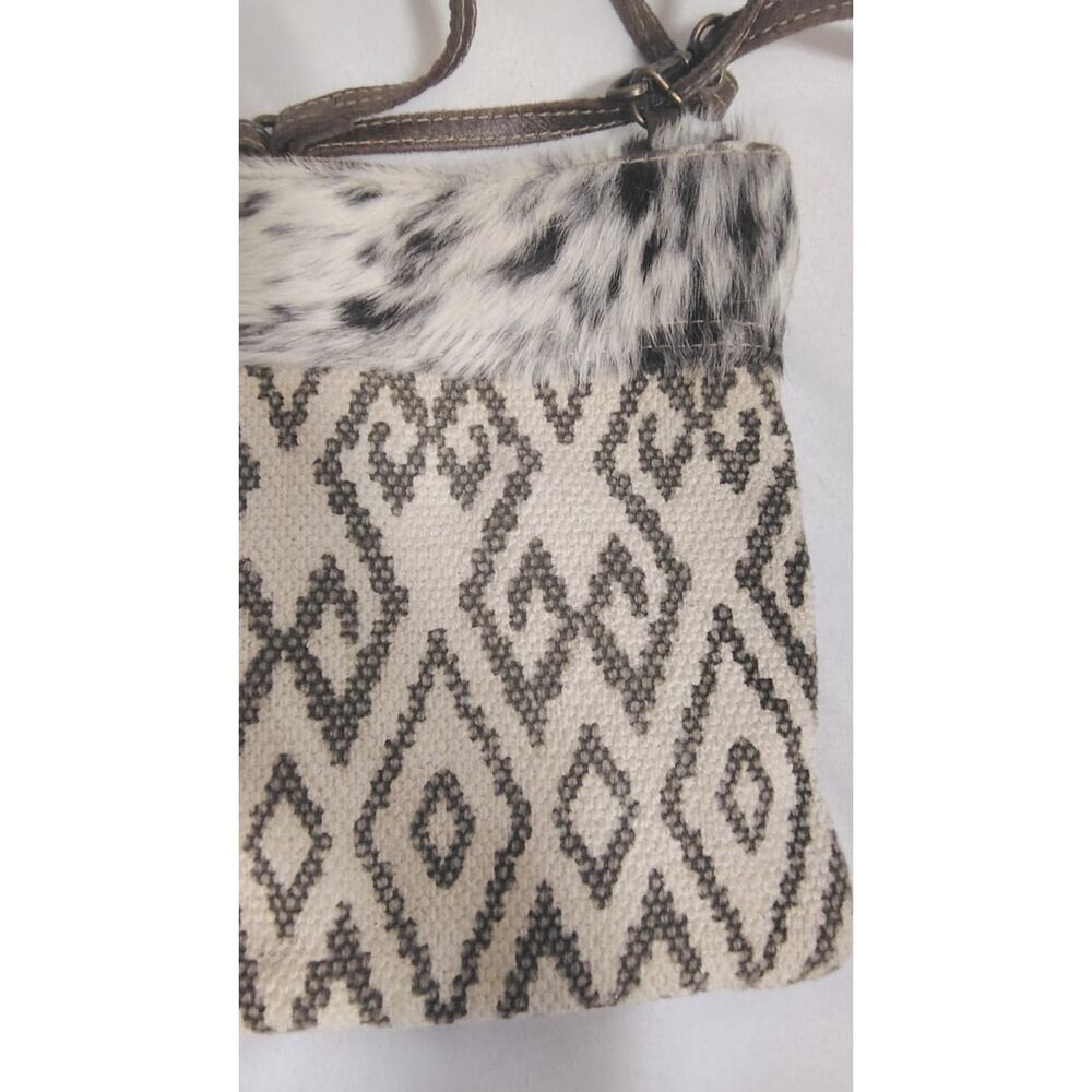 Myra Crossbody Bag Black and White Cowhide Aztec-Style Boho - Picture 2 of 4